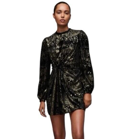 All Saints Jemima Star Dress Black Velvet Metallic Gold Printed Faux Wrap Size 4 - Picture 1 of 16